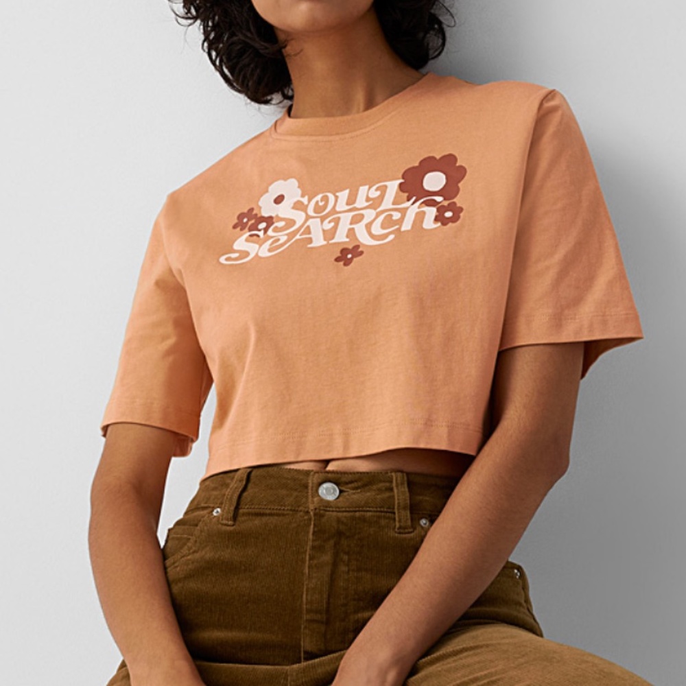 Retro fawn beige Soul search organic cotton cropped tee NWT